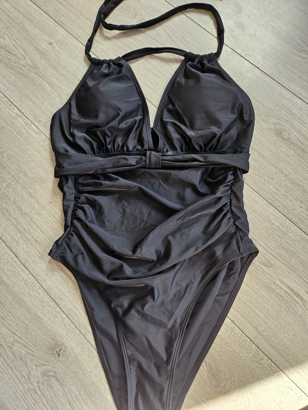 Black Halter One Piece Swimsuit Ruched Tummy Control Size L🔥